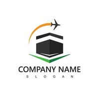 hajj und umrah Agentur Logo, Tour und Reise Symbol. fliegend Flugzeug mit Kabah Illustration. vektor