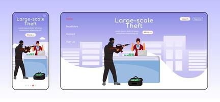 großflächige Diebstahl adaptive Zielseite flache Farbvektorvorlage. Bewaffneter Angriff Handy- und PC-Homepage-Layout. Bankraub eine Seite Website ui. Cross-Plattform-Design der Webseite vektor
