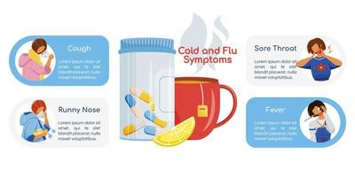 Erkältungs- und Grippesymptome flache Farbvektorinformations-Infografik-Vorlage. Gesundheitspflege. Poster, Broschüre, ppt-Seitenkonzept mit Zeichentrickfiguren. Werbeflyer, Flyer, Infobanner Idee vektor