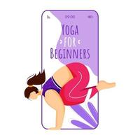 Yoga für Anfänger Smartphone-Schnittstellenvektorvorlage. Kran posieren. Bakasana. violettes Design-Layout der mobilen App-Seite. Kaukasische Frau, die Yoga auf dem Bildschirm macht. flache ui für die anwendung. Telefondisplay vektor