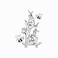 häftig tecknad serie svartvit majs karaktär med blad vinka. hälsning majs maskot, tecknad serie majs, bi, skateboard, mat klistermärke av 70s 80s stil vektor illustration