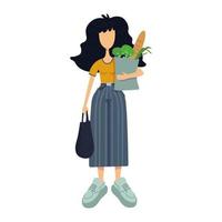 Null Abfall flache Cartoon-Vektor-Illustration. stehende Frau hält Bio-Lebensmittel. gesunde Ernährung. gebrauchsfertige 2D-Zeichenvorlage für Werbung, Animation, Druckdesign. isolierter Comic-Held vektor