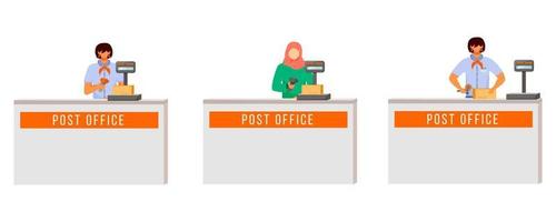 postkontor kvinnliga arbetare platt färg vektor illustration set. kvinna med hijab skannar paket. efter leveransprocessen. uppsamlingsplats isolerade seriefigur på vit bakgrund