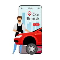 Autoreparatur-Cartoon-Smartphone-Vektor-App-Bildschirm. Handy-Display mit flachem Charakter-Design-Mockup. Autowerkstatt. Telefonschnittstelle der professionellen Automobilwartungsdienstanwendung vektor