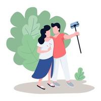 romantisches paar, das selfie flache farbvektor-gesichtslose charaktere nimmt. Touristen, Vlogger, die live aus dem Stadtpark streamen, isolierte Cartoon-Illustration für Webgrafikdesign und Animation vektor