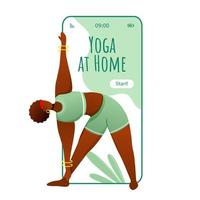 Yoga zu Hause Smartphone-Schnittstellenvektorvorlage. Dreieckshaltung. grünes Design-Layout der mobilen App-Seite. Afroamerikaner, dunkelhäutige Frau, die Yoga auf dem Bildschirm macht. flache ui für die anwendung. Telefondisplay vektor