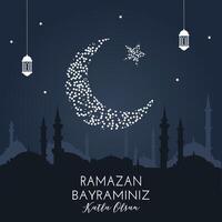 Halbmond islamisch mit Laternen und Sterne zum Ramadan. Gruß Karte, Banner. Hälfte Mond, Lampe, Moschee. Vektor Illustration Design