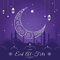 Halbmond islamisch mit Laternen und Sterne zum Ramadan, eid Mubarak. Gruß Karte, Banner. Hälfte Mond, Lampe, Moschee. Vektor Illustration