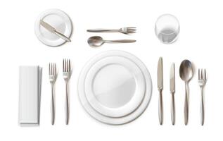 middag tabell miljö uppsättning med bestick, plattor och glas. 3d realistisk vektor. vektor