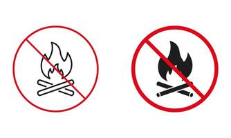 läger brand inte tillåten, camping varning tecken uppsättning. Nej farlig bål, förbjuda öppen brand brinnande linje och silhuett ikoner. lägereld förbjuden symbol. isolerat vektor illustration