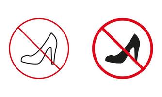 hög hälar inte tillåten, kvinna par skor varning tecken uppsättning. kvinnor sko förbjuda, elegant Skodon linje och silhuett ikoner. klassisk stilett förbjuden symbol. isolerat vektor illustration