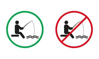 Angeln Bereich Warnung unterzeichnen. Fischer mit Angeln Stange Silhouette Symbole Satz. Fang Fisch im See ist erlaubt. Angeln verboten Symbol. isoliert Vektor Illustration