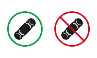 skateboard varning tecken uppsättning. skridsko styrelse tillåten och förbjuda silhuett ikoner. inträde med eco stad transport röd och grön cirkel symbol. isolerat vektor illustration