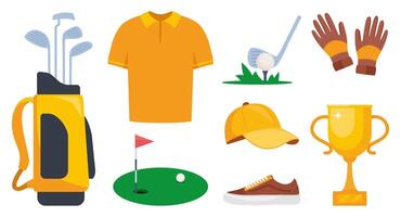 golf Utrustning uppsättning. professionell objekt till spela de sport, Kläder och Tillbehör. golf spelare, väska, putter, golfspelare, boll, hål, kurs, handskar, skjorta, kopp, bil. vektor illustration.