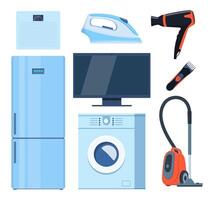 Hem apparat uppsättning. hushåll elektrisk enheter samling. kylskåp, tvättning maskin, tv, järn, skala, hårtork. inhemsk Utrustning. hus elektronik. vektor illustration.