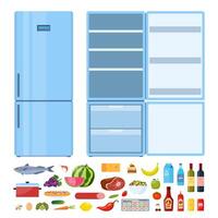 Kühlschrank. geschlossen und öffnen leeren Kühlschrank. Blau Kühlschrank und einstellen von gesund Essen, Wasser, treffen, Gemüse. Vektor Illustration.