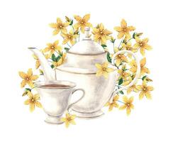 Aquarell Komposition von ein Teekanne und Becher, mit Gelb tutsan Blumen. das Illustration ist Hand gezeichnet auf ein isoliert Hintergrund. Zeichnung zum Speisekarte Design, Verpackung, Textilien zum Plakate und Websites vektor