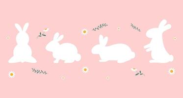 uppsättning av påsk kaniner och blommor. vektor grafik i platt stil
