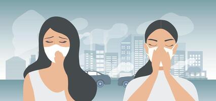 Luft Verschmutzung, Uhr 2.5, Industrie Verschmutzung, giftig Straße Rauch Wolken und Umgebung Verschmutzung, und Fahrzeug Kohlenstoff Dioxid, Frau tragen Gesicht Maske vektor