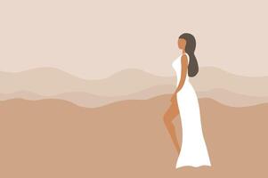 skön kvinna i vit klänning på de strand vektor illustration. sommar högtider strand begrepp