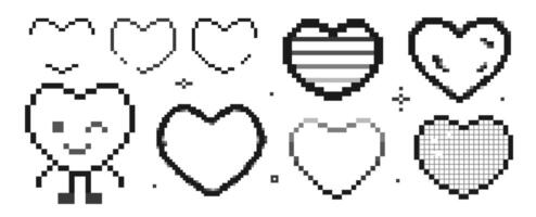 hjärtan i pixel och y2k stil. uppsättning av retro trendig ikoner kärlek i svartvit färger. hjärta karaktär blinkar och leende. vektor