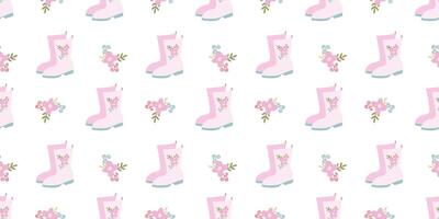 reste sig regn stövlar sömlös mönster. rosa sudd stövlar och blommor på vit bakgrund. vår gumboots slinga mall för hälsning kort, baner, förpackning, tyg, textil- platt vektor illustration.