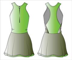 flickans racerback tennis golf klänning mode platt skiss vektor illustration. främre och tillbaka se teknisk teckning mall