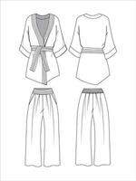 unisex- karate kostym design med utsvängd byxor platt skiss mode illustration med främre och tillbaka se insvept kimono blus topp med pyjamas kostym nattkläder uppsättning cad teckning vektor