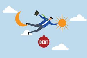 skuld kris för lön man, de affärsman eftersträvas till hålla fast på till de måne och Sol med en bra vikt av skuld. vektor