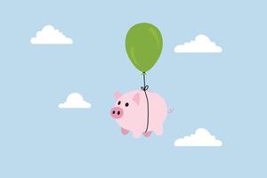 finanziell Freiheit, Rosa Schweinchen Bank schwebend im ein minimalistisch Himmel, bereit zu segeln aus zu Freiheit. vektor