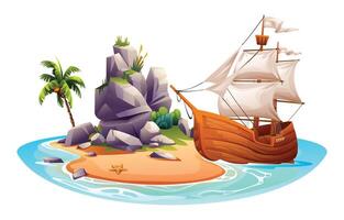 tropisch Insel mit hölzern Segeln Schiff, Palme Baum und Felsen. Vektor Karikatur Illustration isoliert auf Weiß Hintergrund