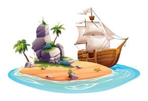 tropisch Insel mit Palme Bäume, Felsen und hölzern Segeln Schiff. Vektor Karikatur Illustration isoliert auf Weiß Hintergrund