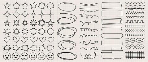 Kritzeleien Markieren das Schlaganfälle zum Anmerkungen im ein Notizbuch. Hand gezeichnet Sammlung von verschiedene Linie Formen Elemente auf ein kariert Blatt. modern Vektor Bürste Schlaganfälle, Stift, Bleistift.