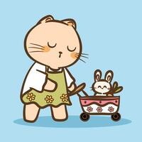 Hand zeichnen süß Katze und Hase Karikatur Charakter Vektor auf Farbe Hintergrund. Karikatur Charakter Design. süß Tiere Charakter zum Kinder. Vektor Illustration.