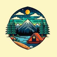 camping logotyp, t skjorta design retro stil. vektor illustration