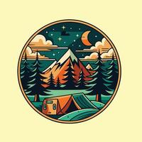 Camping Logo, t Hemd Design retro Stil. Vektor Illustration