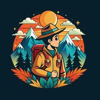 Wanderer mit Rucksack und Hut im das Berge Vektor Illustration Grafik Design. t Hemd Design