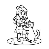 Färbung Seite Gliederung von ein süß wenig Mädchen und Katze vektor