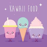 Kawaii Food-Schriftzug und Kawaii-Essen auf lila Hintergrund vektor