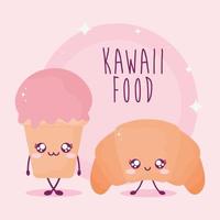 Kawaii Food-Schriftzug mit Eis und Croissant vektor