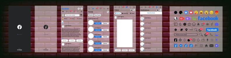 Facebook design. uppsättning Facebook skärm social media och social nätverk gränssnitt mall. hemsida, rekommendationer, prenumerationer. Facebook Foto ram. berättelser, gillade, ström. redaktionell illustration vektor