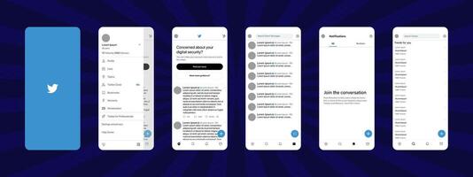 Twitter mobil gränssnitt. Twitter skärm social media, social nätverk gränssnitt mall. hemsida, logotyp, rekommendationer, prenumeration, profil. redaktionell illustration vektor