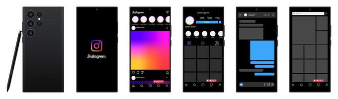 Instagram design i samsung galax s23 ultra. uppsättning skärm social media och nätverk gränssnitt mall. Foto ram. berättelser, gillade, personlig profil, chatt, rullar, utfodra, trender. redaktionell vektor