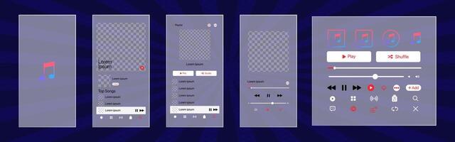 äpple musik gränssnitt. musik app. Ansökan mall på iphone mockup. prenumeration musik spelare. profil, låt, album, Spellista. paus, notera, Sök, spela och blanda knappar. redaktionell vektor