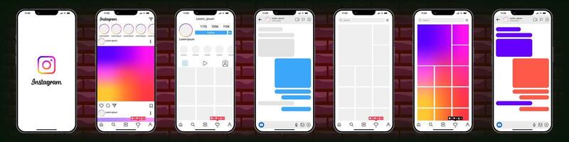 Instagram design. uppsättning Instagram skärm social media och social nätverk gränssnitt mall. Instagram Foto ram. berättelser, gillade, ström. redaktionell vektor. vektor