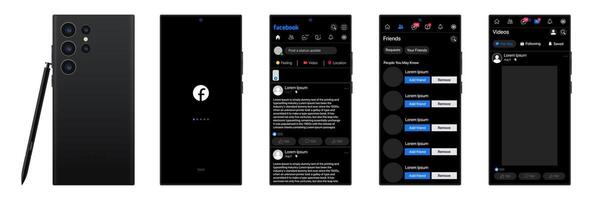 Facebook Design im Samsung Galaxis s23 Ultra. einstellen Facebook Bildschirm Sozial Medien und Sozial Netzwerk Schnittstelle Vorlage. Startseite, Geschichten, gefallen, Strom. redaktionell Illustration. vektor