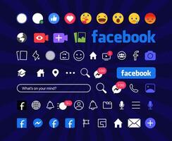 Facebook knapp ikon. uppsättning skärm social media och social nätverk gränssnitt mall. berättelser användare knapp, symbol, tecken logotyp. berättelser, gillade, ström. redaktionell vektor