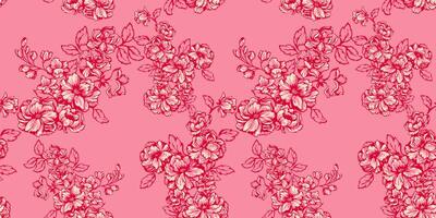 konstnärlig, abstrakt grenar med blommor, knoppar, löv sömlös mönster. stiliserade enkel blommig gobeläng på en rosa bakgrund. vektor hand dragen rader översikt av blomma skriva ut. mall för design