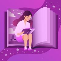 ein Mädchen liest ein Fantasie Buch gegen das Hintergrund von ein groß Buch. Vektor Illustration