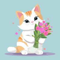 katt med en bukett av blommor i dess tassar. platt vektor illustration.